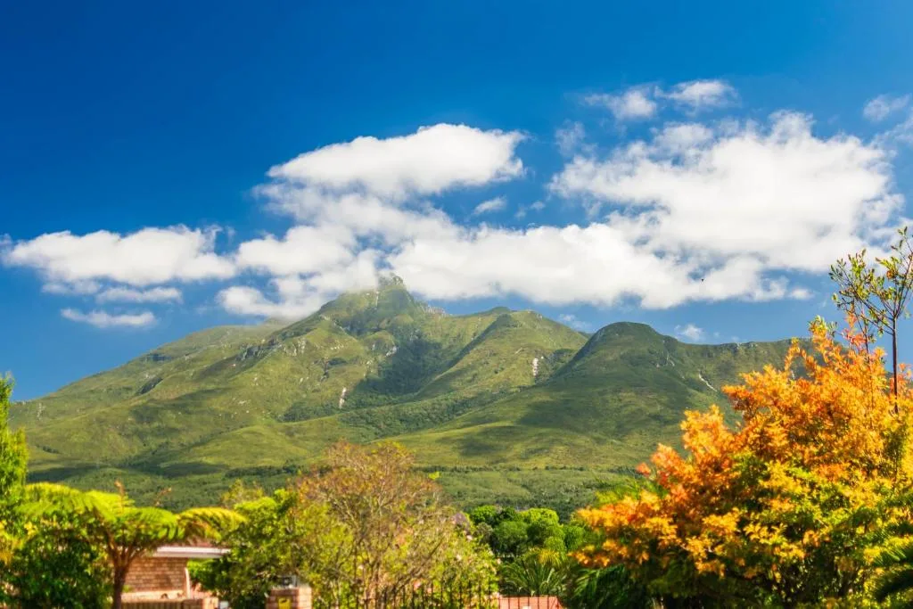 Green mountains with blue sky and white clouds over property gardens