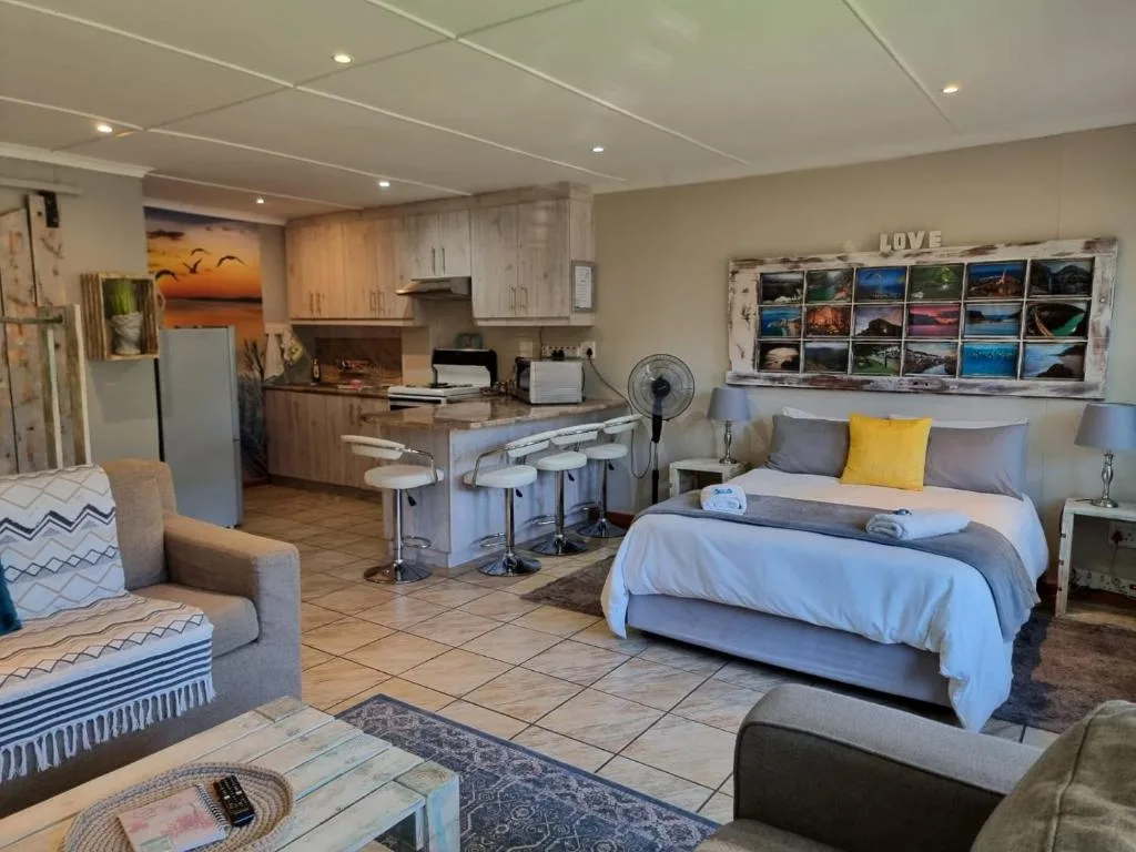 Studio apartment with bed, kitchenette, lounge seating area combined