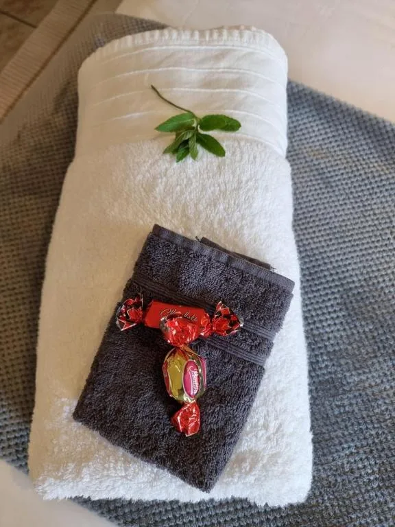 Rolled white towels with green leaf and red wrapped candy on gray mat
