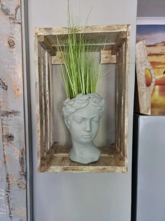 Decorative white bust planter with green grass in rustic wooden frame
