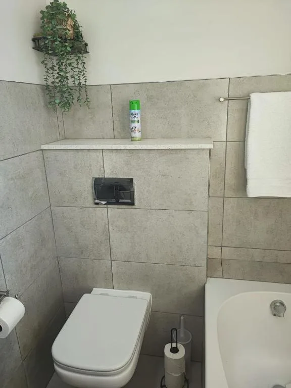 Modern bathroom with tiled walls, toilet, and decorative floating shelf