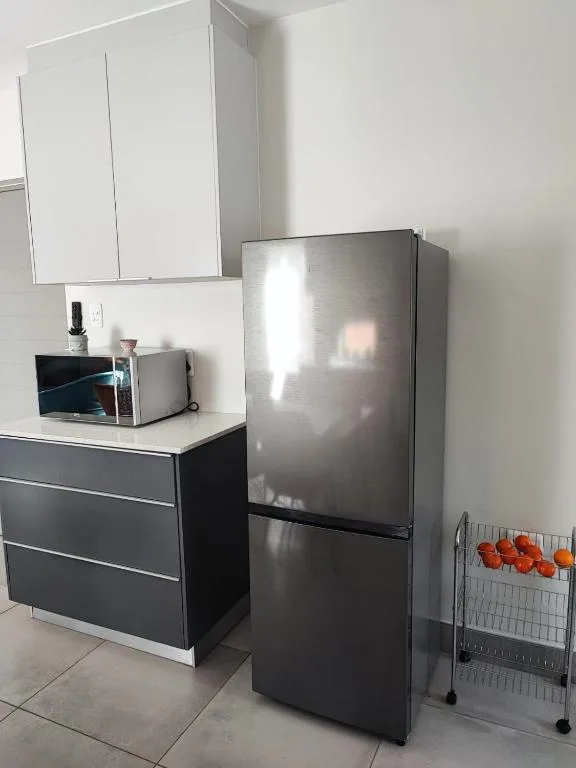 Modern kitchen with stainless steel fridge and black cabinetry