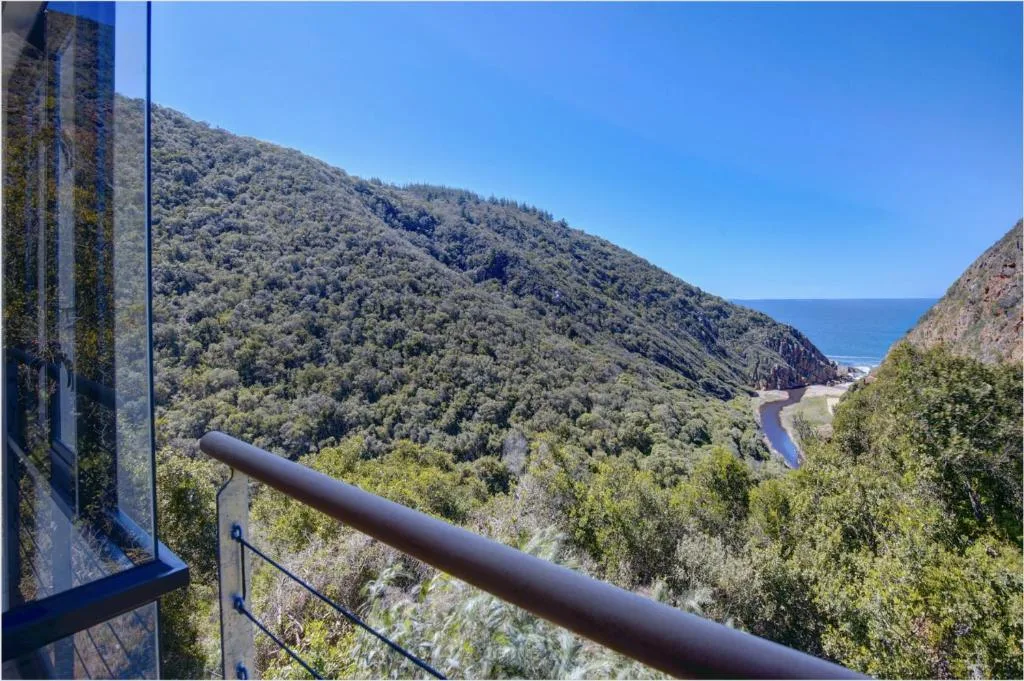 Ocean and forested valley vista from elevated deck with railing
