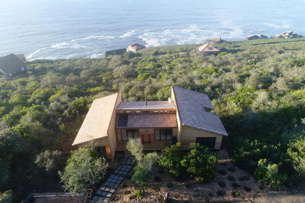 Modern villa with dual peaked roofs overlooking ocean and coastal vegetation