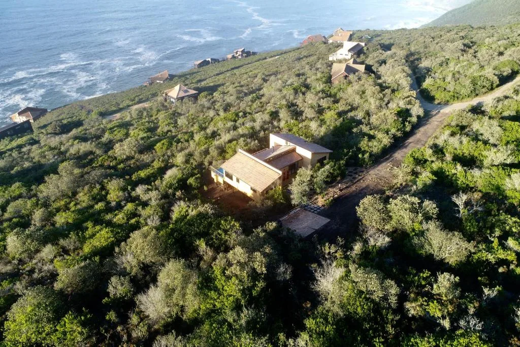 Aerial view of coastal villa nestled among dense green vegetation with ocean visible