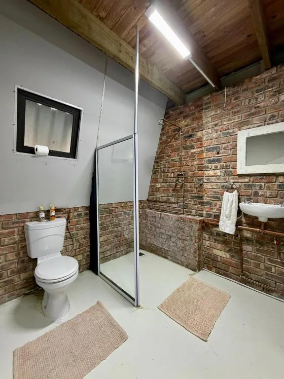 Modern bathroom with brick walls, shower enclosure, toilet, and pedestal sink