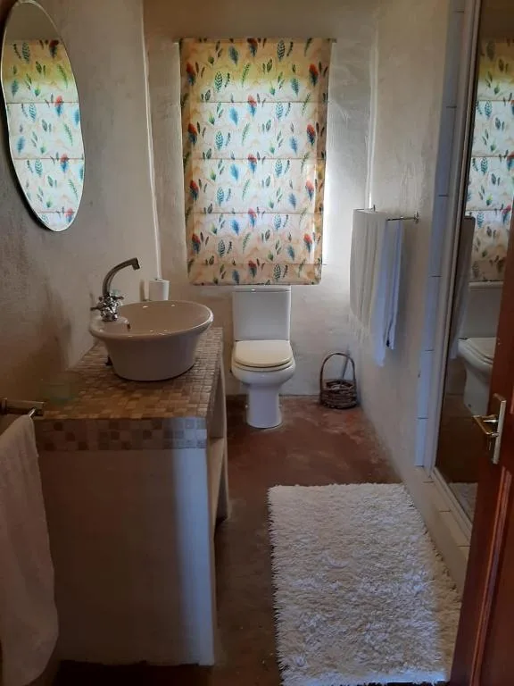 Bathroom with round sink, toilet, mirror, and colorful laundry wall hanging