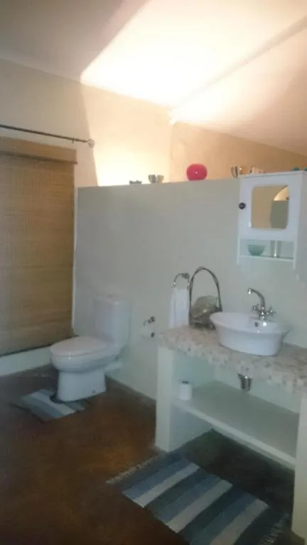 Modern bathroom with white vanity, round sink, toilet, and skylight