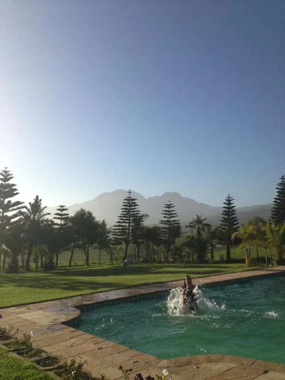 Swimming pool with mountain views and lush manicured gardens surrounding