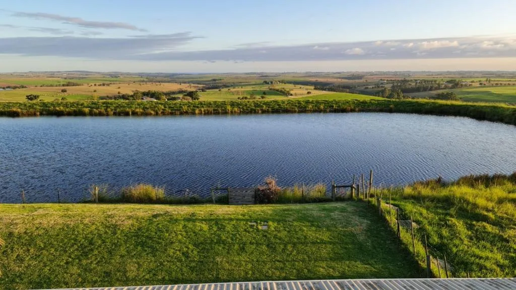 Expansive lagoon view with pastoral farmland and tree-lined banks