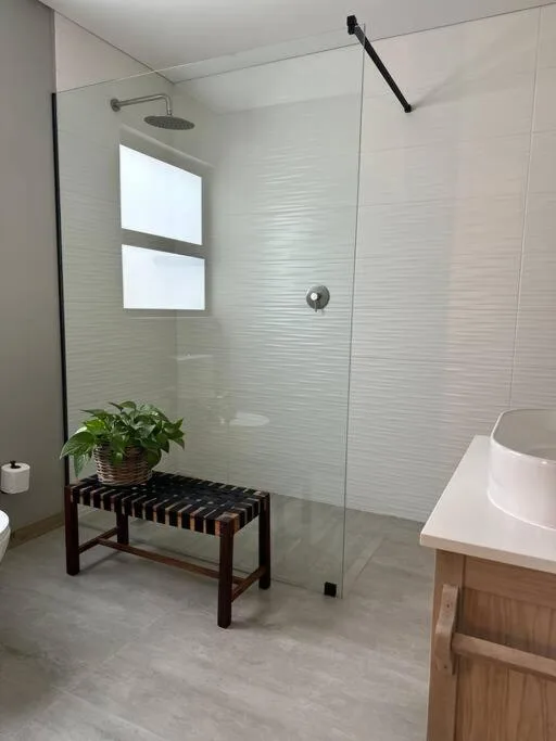 Modern bathroom with walk-in shower, wooden vanity, and potted plant