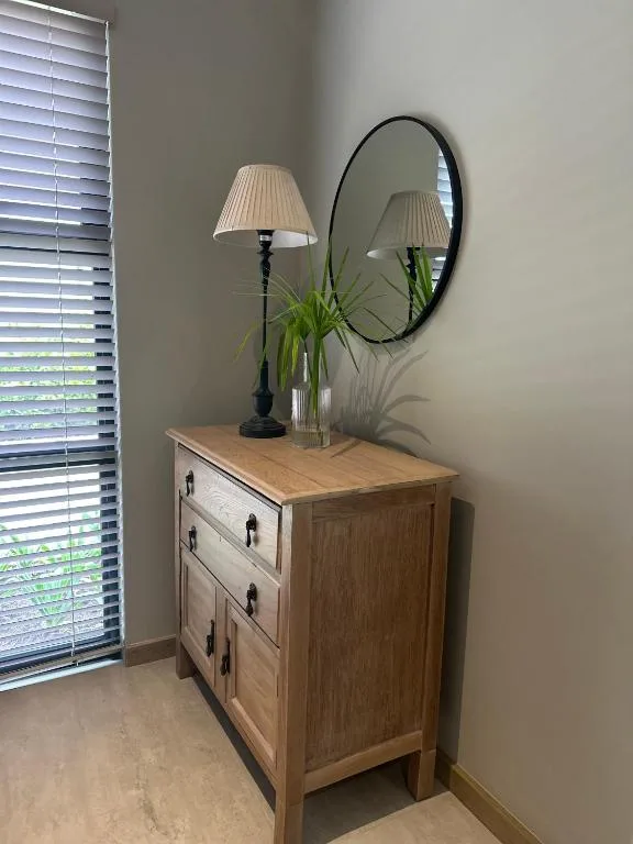 Wooden dresser with mirror, lamp, and fresh green plants decoration