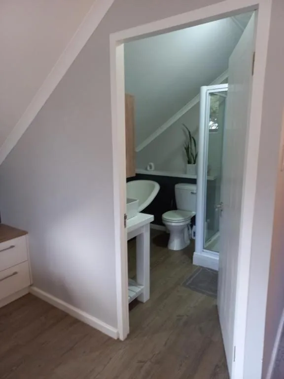 Bright bathroom with pedestal sink, toilet, and shower enclosure