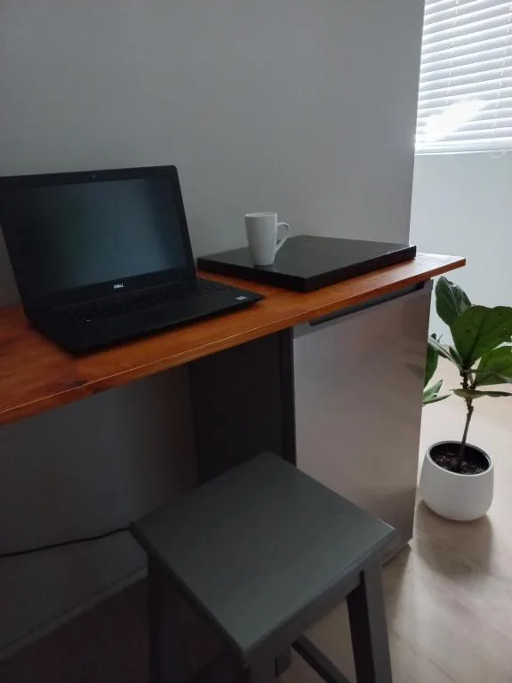 Wooden desk with laptop, notebook, mug, and potted plant indoors