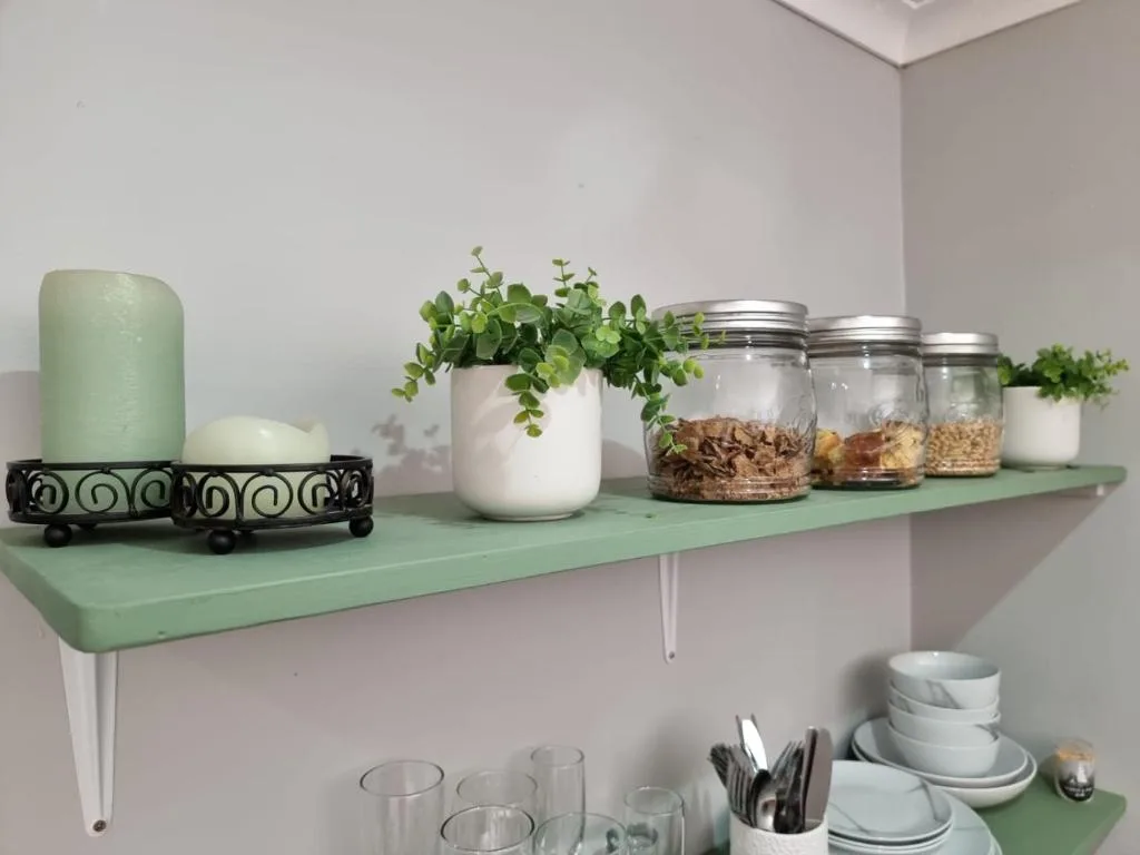 Open shelving with decorative items, potted plants, storage jars, and dinnerware