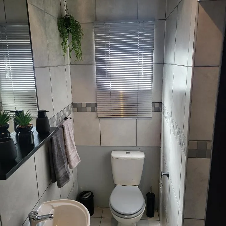 Modern bathroom with toilet, sink, vanity, and frosted window blinds
