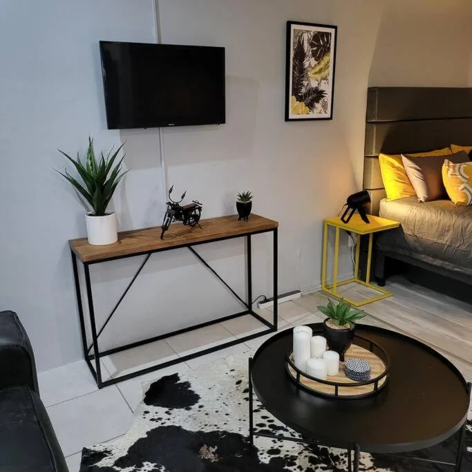 Modern studio lounge with TV, bed visible, and contemporary furnishings