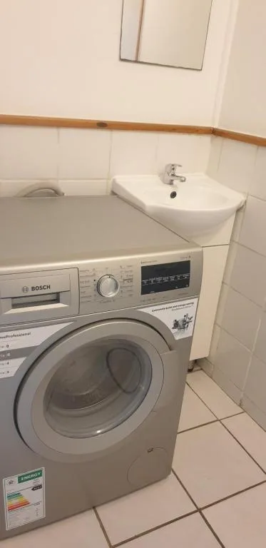 Bathroom with Bosch washing machine and white pedestal sink