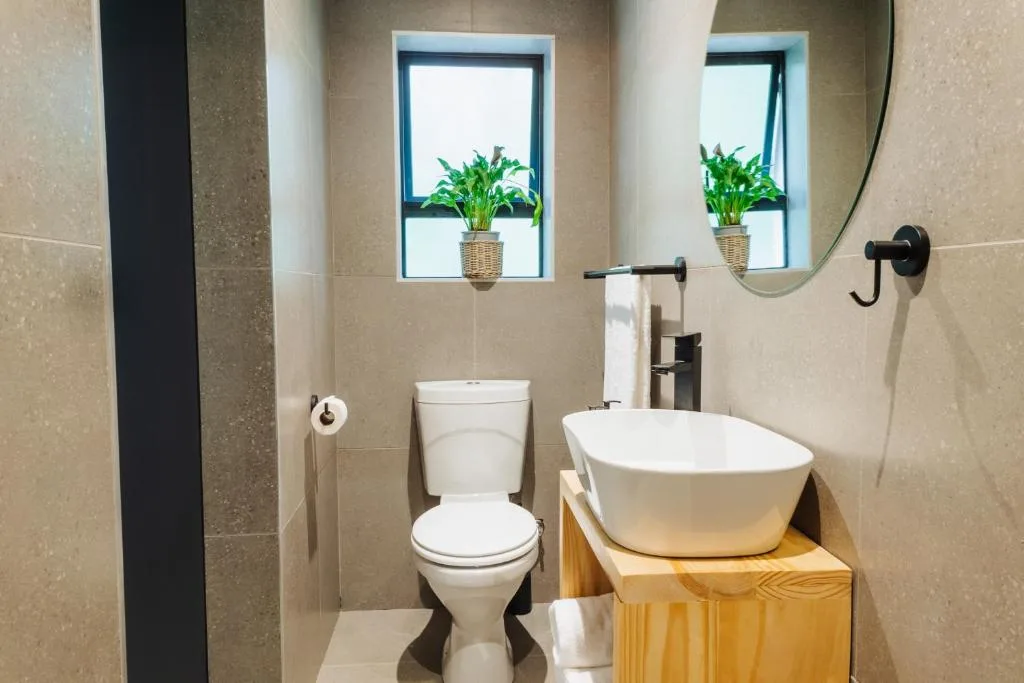 Modern bathroom with white vessel sink, toilet, mirror, and potted plants