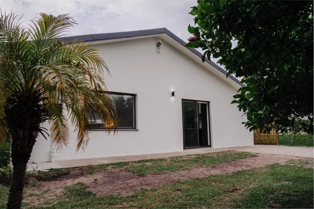 Modern white cottage with dark roof and manicured garden entrance
