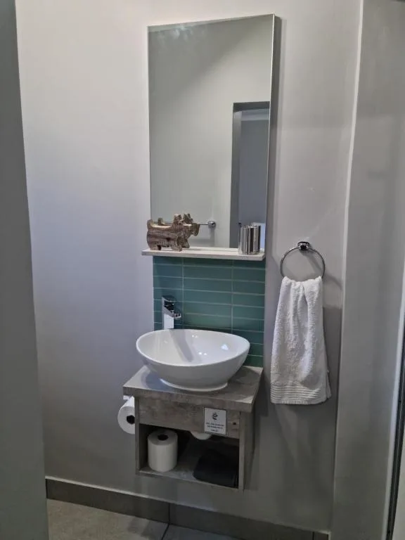 Modern bathroom vanity with round white sink and large mirror