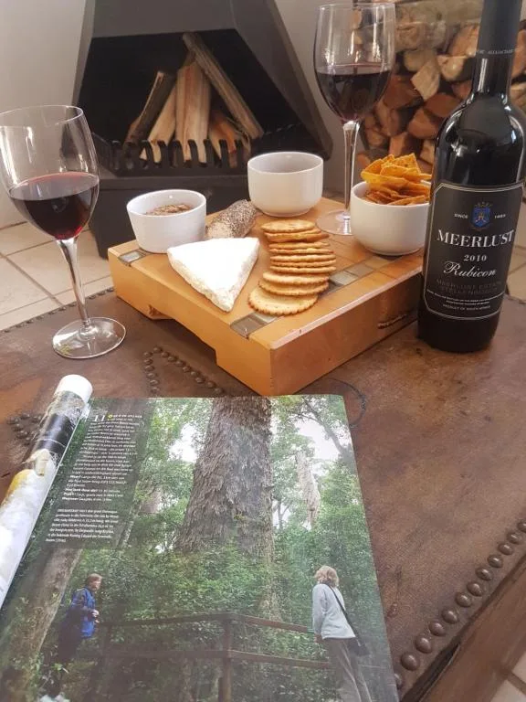 Wine, cheese board, crackers, and local magazine arranged on table