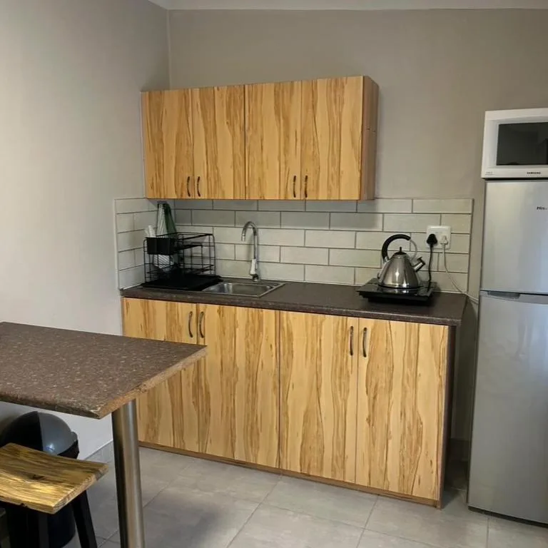 Modern kitchen with wooden cabinetry, dark countertops, and stainless steel appliances