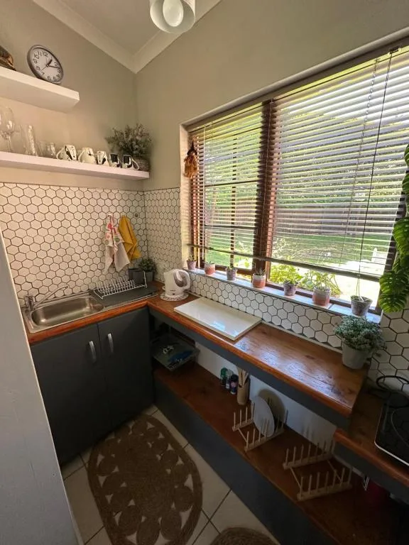 Compact kitchen with hexagon tile backsplash, wooden countertops, and bright windows