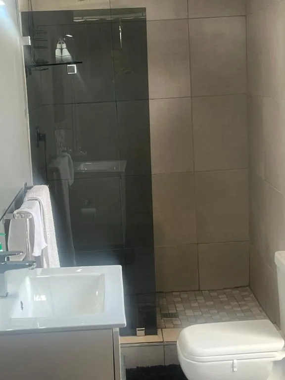 Modern bathroom with frameless shower enclosure and white basin vanity