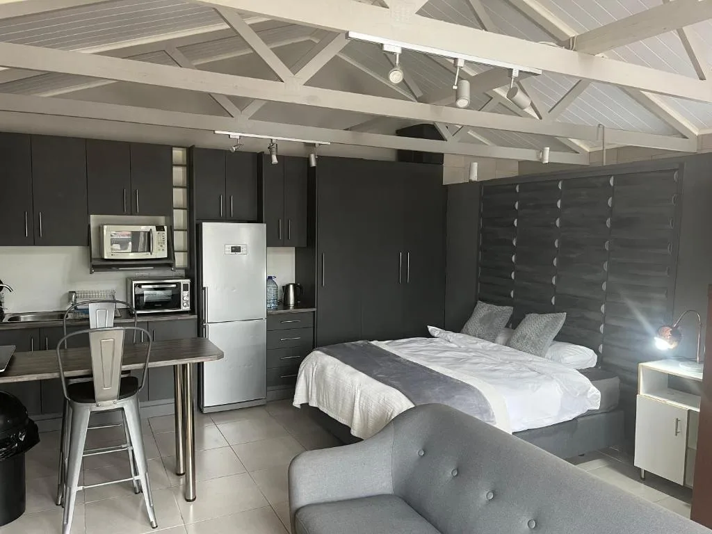 Modern studio bedroom with queen bed, integrated kitchen, and high vaulted ceiling