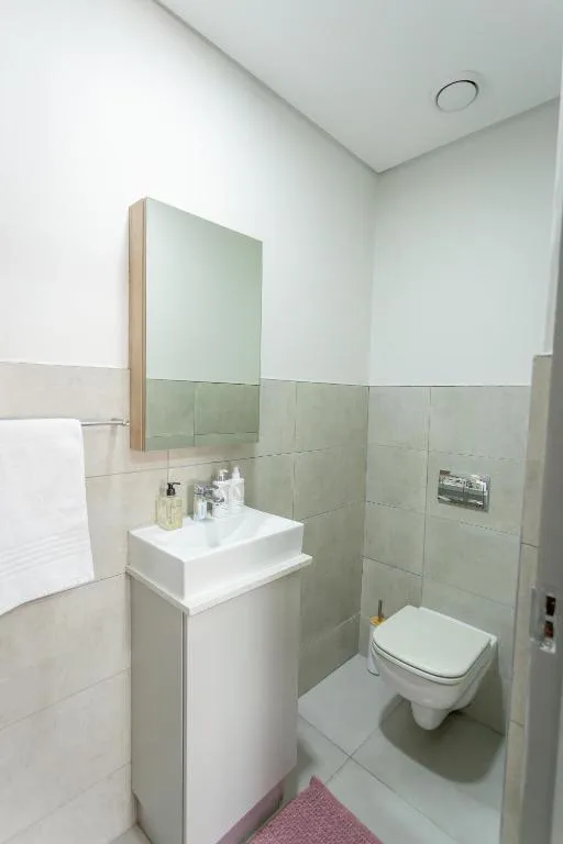 Modern bathroom with vanity sink, wall mirror, and toilet fixtures
