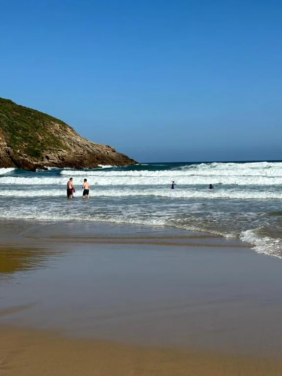 Scenic beach cove with golden sand, crashing waves, and rocky headland