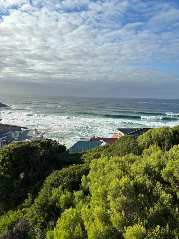 Ocean view with crashing waves and coastal homes nestled in green vegetation