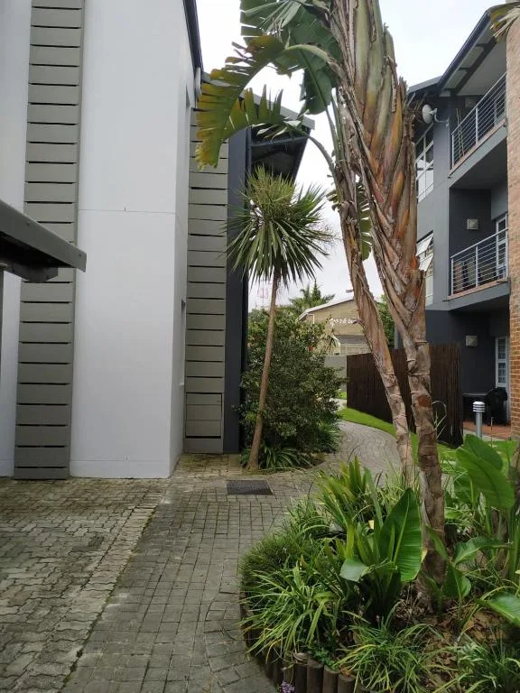 Modern apartment building entrance with tropical palms and paved courtyard