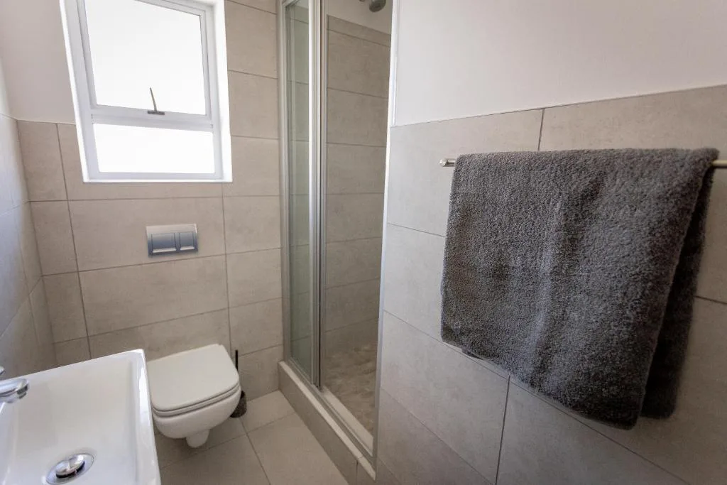 Modern bathroom with shower enclosure, toilet, and heated towel rail