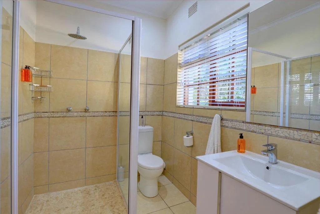 Modern bathroom with walk-in shower, white vanity sink, and toilet