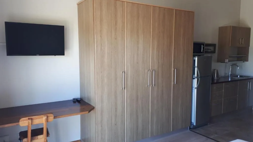 Modern kitchen with wooden cabinetry, stainless steel appliances, and TV
