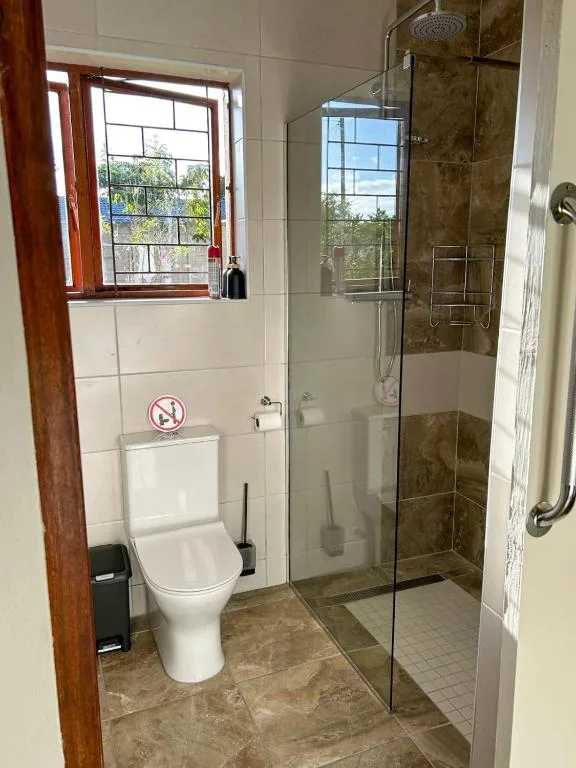 Modern bathroom with walk-in shower, toilet, and window overlooking garden