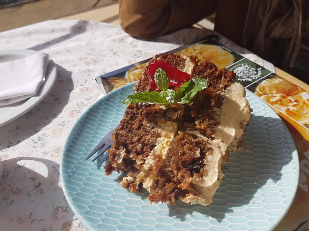 Decadent layered chocolate cake slice garnished with fresh mint and red pepper