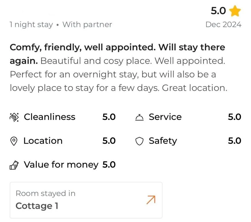Five-star guest review praising comfortable, well-appointed accommodation
