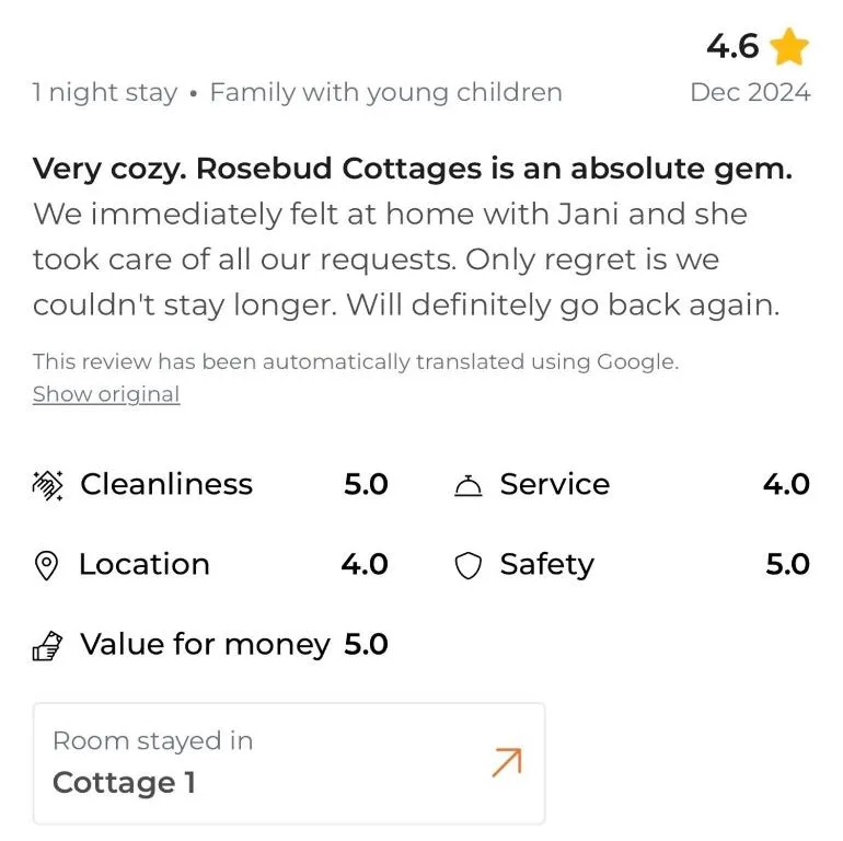 Guest review highlighting five-star cleanliness and safety ratings for accommodation