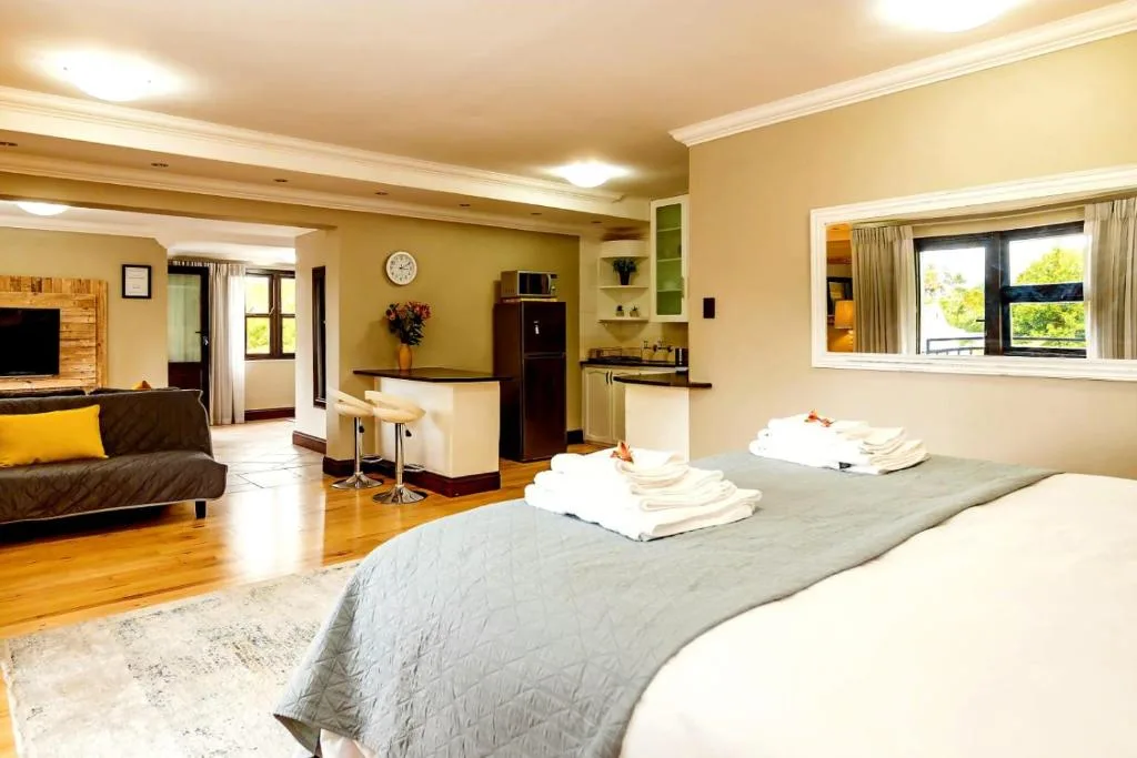 Spacious open-plan bedroom with double beds and lounge area visible
