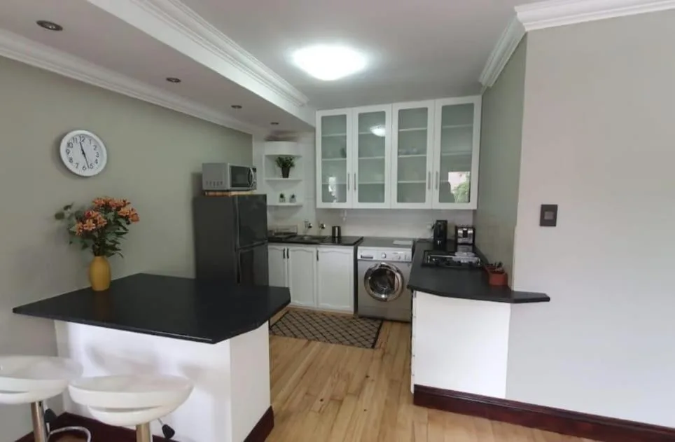 Modern kitchen with white cabinetry, black countertops, and stainless steel appliances