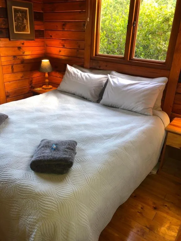 Cozy bedroom with white bedding, wooden walls, and garden views through windows