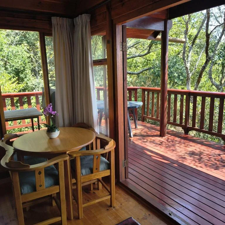 Wooden deck with dining table overlooking forest trees and natural landscape