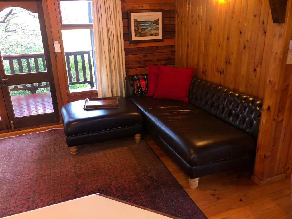 Wooden lounge with black leather sofa and red cushions overlooking deck