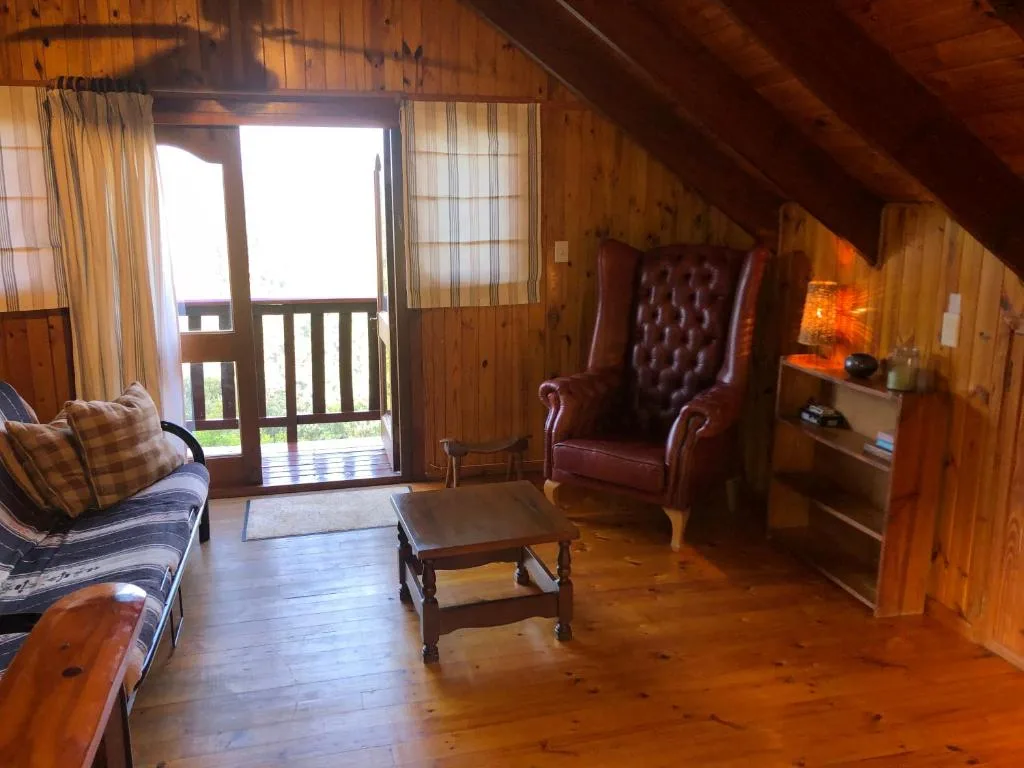 Rustic wood-paneled lounge with leather wingback chair and sofa