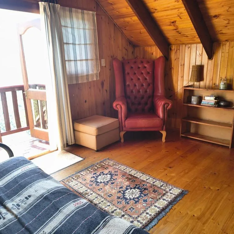 Cozy wooden cabin lounge with red wingback chair and shelving