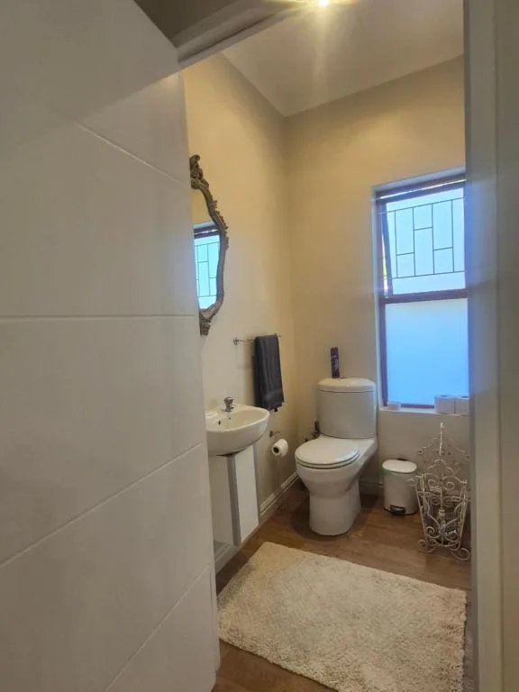 Bright bathroom with toilet, sink, mirror and window