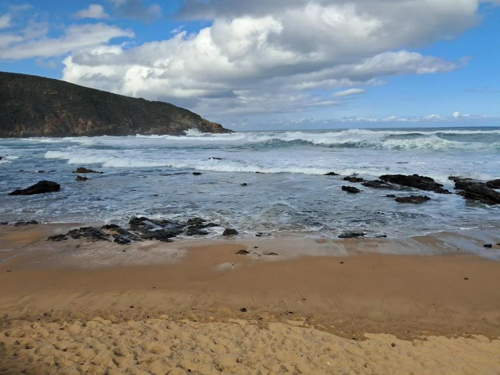 Scenic beach view with waves, rocky outcrops, and coastal cliffs